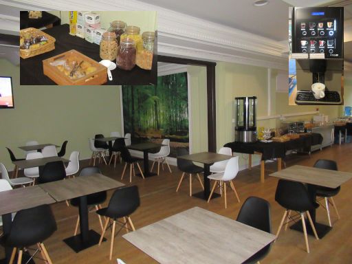 Adeko Hotel, El Regato - Barakaldo, Spanien, Frühstücksraum mit Buffet und Kaffeeautomat