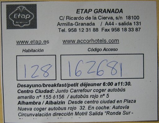ibis budget Granada, Spanien, Zimmernummer und Zugangscode