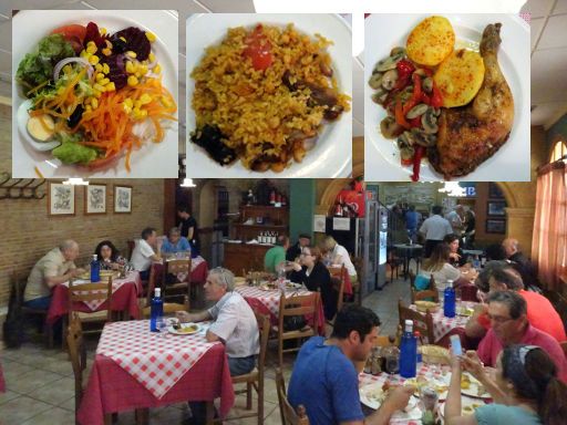 Hostal La Posá, Villar del Arzobispo, Spanien, Mittagsmenü Salat, Brot, Reis, Hühnchen, Nachspeise und Kaffee für 11,– €