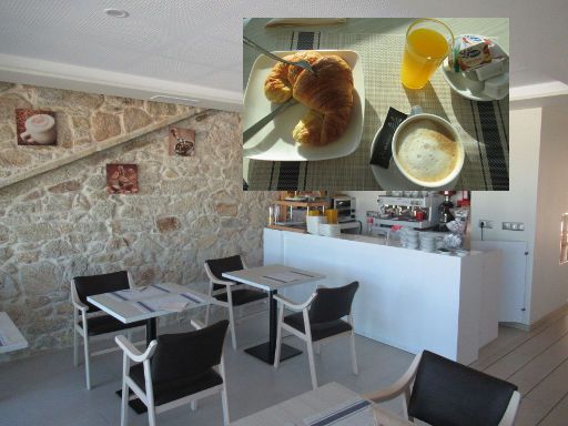 Hotel O Náutico, Laxe, Spanien, Frühstückraum Croissant, Kaffee, Orangensaft