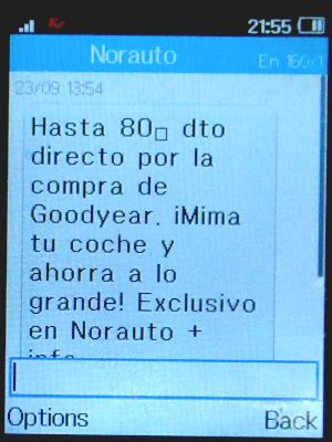 Norauto, Alcalá de Henares, Spanien, SMS Werbung Good Year Reifen im September 2024 trotz Löschung Kundenkonto auf einem Alcatel 2051X