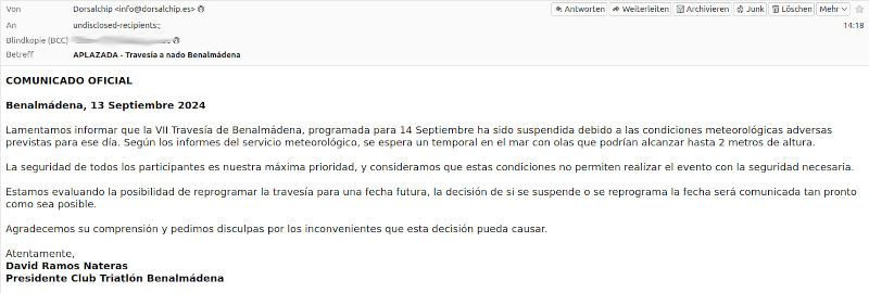 VII Travesia a nado de Benalmádena 2024, Benalmádena, Spanien, Absage am Vortag per e-mail