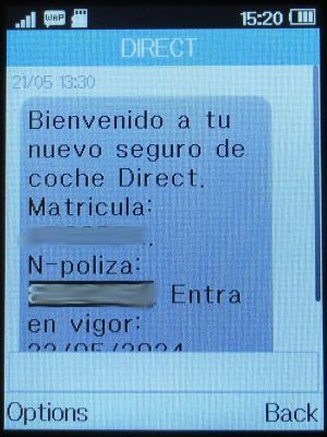 Direct Seguros Versicherung, Spanien, Versicherungsbestätigung im Mai 2024 per SMS auf Alcatel 2051X Mobiltelefon