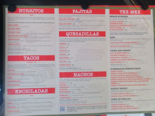 Maximiliano Restaurant Mexicà, Lloret de Mar, Spanien, ein Teil der Speisekarte auf Englisch