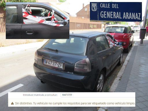 Coches fantasma, Autowracks, Madrid, Spanien, Audi A3 Erstzulassung Juli 2000 in der Calle General Aranaz, 28027 Madrid im Juli 2024