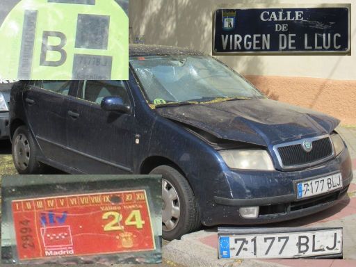 Coches fantasmas, Autowracks, Madrid, Spanien, Skoda Kennzeichen 7177 BLJ, Erstzulassung Juli 2001 in der Calle Virgen de Lluc, 28027 Madrid im Juli 2024