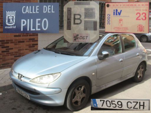 Coches fantasmas, Autowracks, Madrid, Spanien, Peugeot 206 Kennzeichen 7059 CZH, Erstzulassung August 2004 in der Calle del Pileo, 28027 Madrid im November 2024