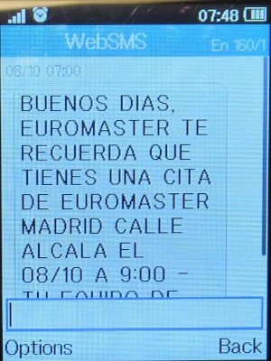 EUROMASTER, Madrid, Spanien, EUROMASTER SMS mit Erinnerung Termin auf einem Alcatel 2051X Mobiltelefon im Oktober 2024