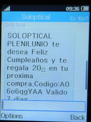 Soloptical®, Madrid, Spanien, Geburtstag 2024 SMS auf einem Alcatel 2051X