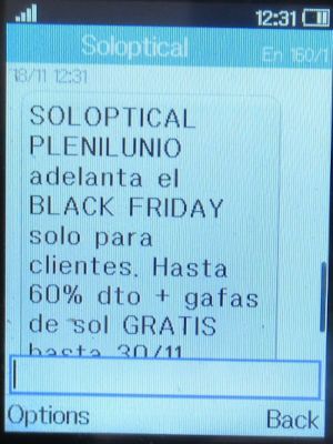 Soloptical®, Madrid, Spanien, Black Friday 2024 SMS auf einem Alcatel 2051X