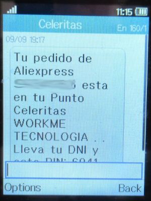 workme Technología Papelería, Madrid, Spanien, SMS Celeritas Benachrichtigung Paket EcoScooting auf einem Alcatel 2051X