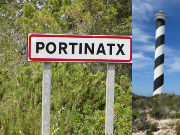 Portinatx, Ibiza, Spanien, Ortseingang und Leuchtturm
