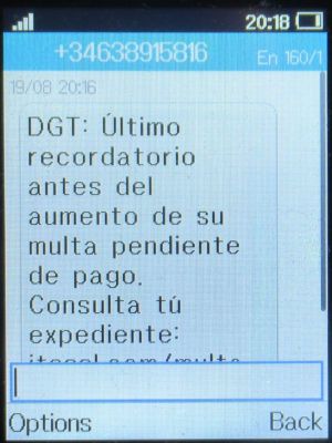 Strafzettel Bußgeldbescheid, DGT, Spanien,  gefälschte SMS im August 2024 auf einem Alcatel 2051X Mobiltelefon