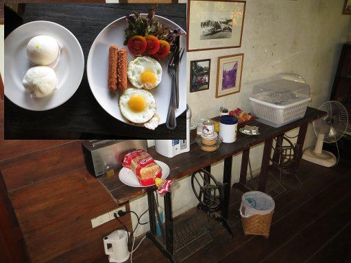 Baan Gong Kham, Chiang Mai, Thailand, Frühstücksbuffet und Teller mit zwei Spiegeleiern, zwei Würstchen, zwei Knödel und Tomatenscheiben